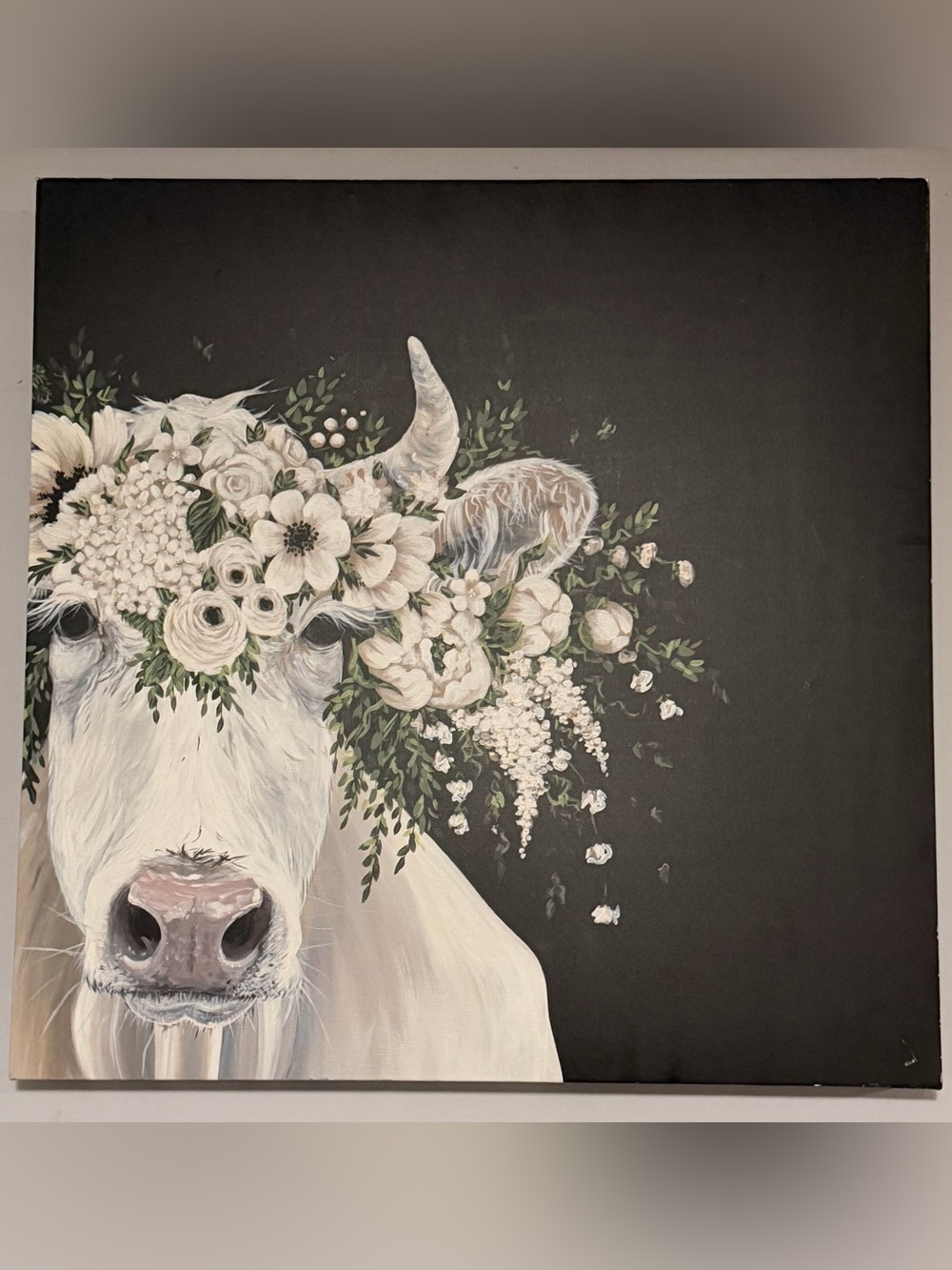 White Cow Floral Canvas Wall Art - Neutral Palette